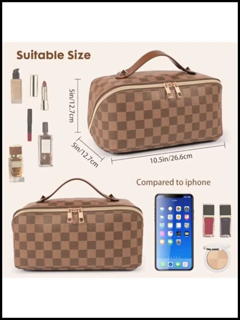 Leather Travel Makeup Bag, Large Capacity Cosmetic Bag with Divider, Waterproof